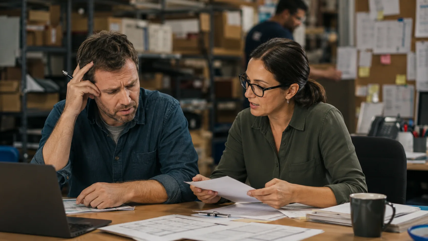 Business owner and consultant reviewing operations