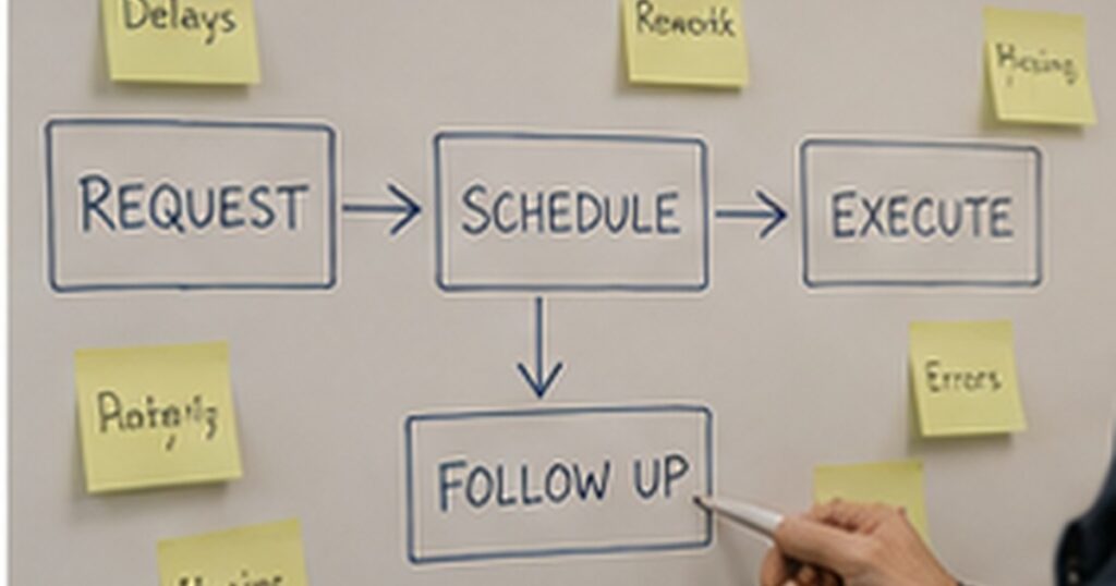 Realistic small business operations scene illustrating automation will not fix a broken process